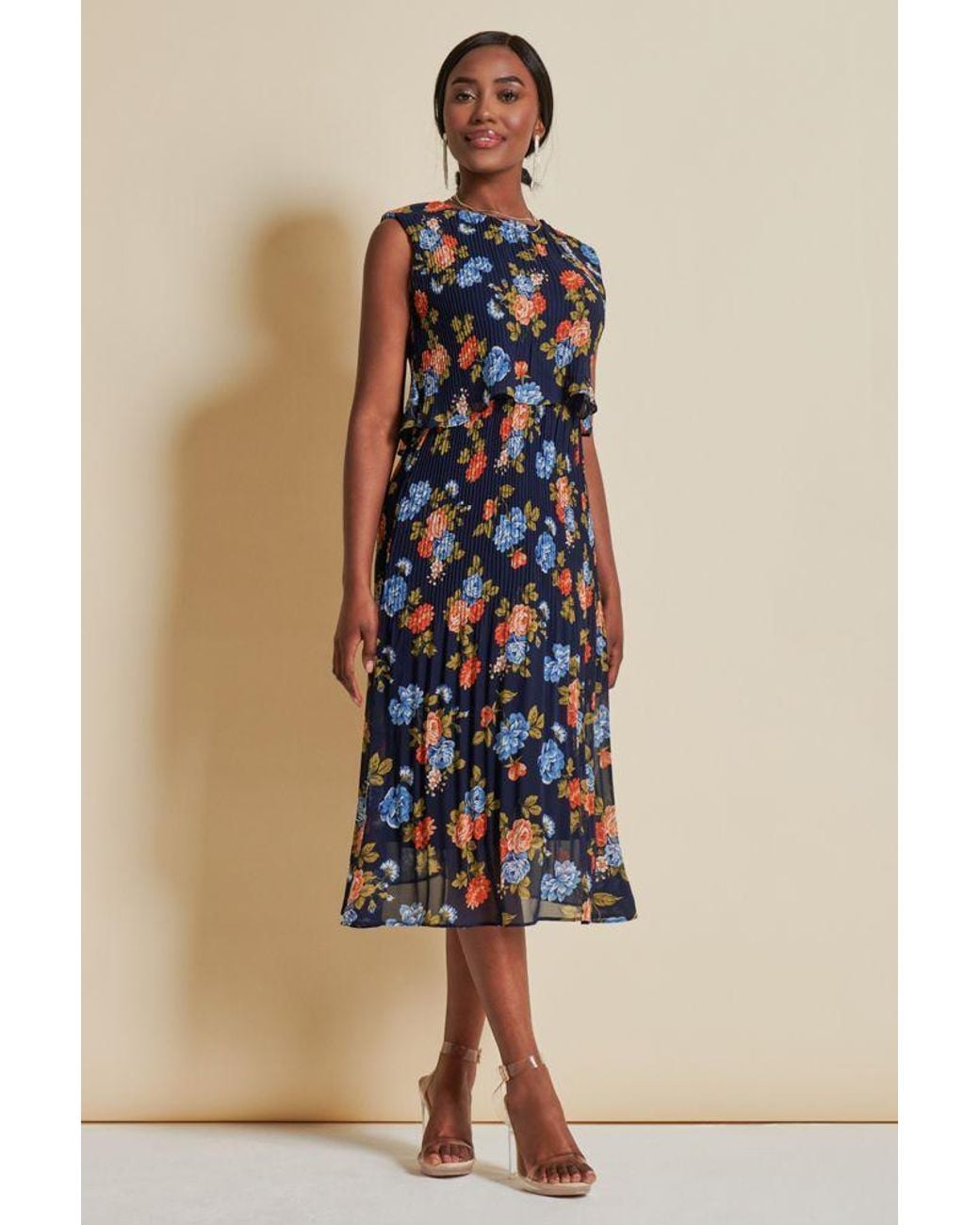 Jolie Moi Blue Chiffon Pleated Overlay Midi Dress
