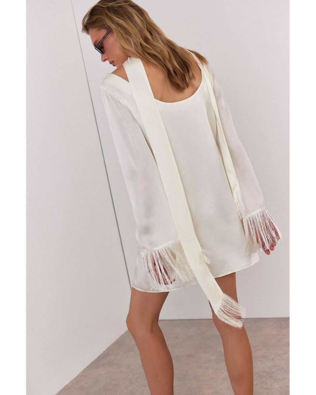 Warehouse Natural Premium Embroidered Fringed Scarf Detail Mini Dress
