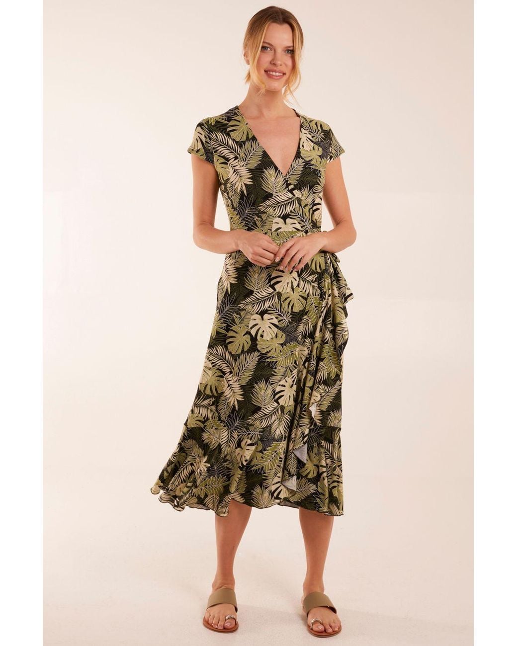 Blue Vanilla Black Tropical Print Wrap Front Midi Dress