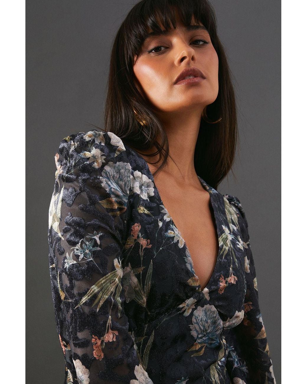 Warehouse Gray Premium Printed Velvet V Neck Midi Tea Dress