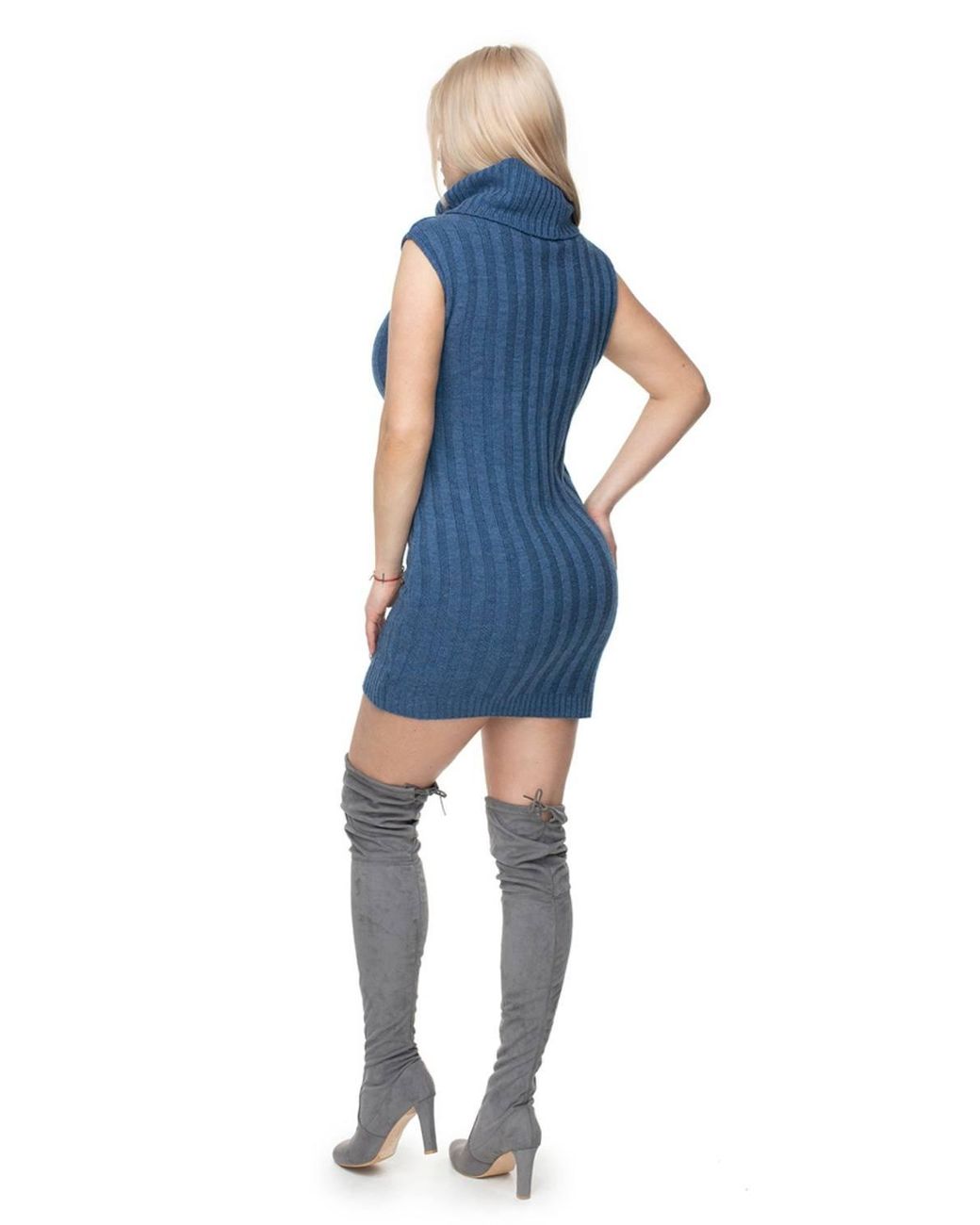 Love Lace Blue Sleeveless Rib Knit Turtleneck Mini Dress