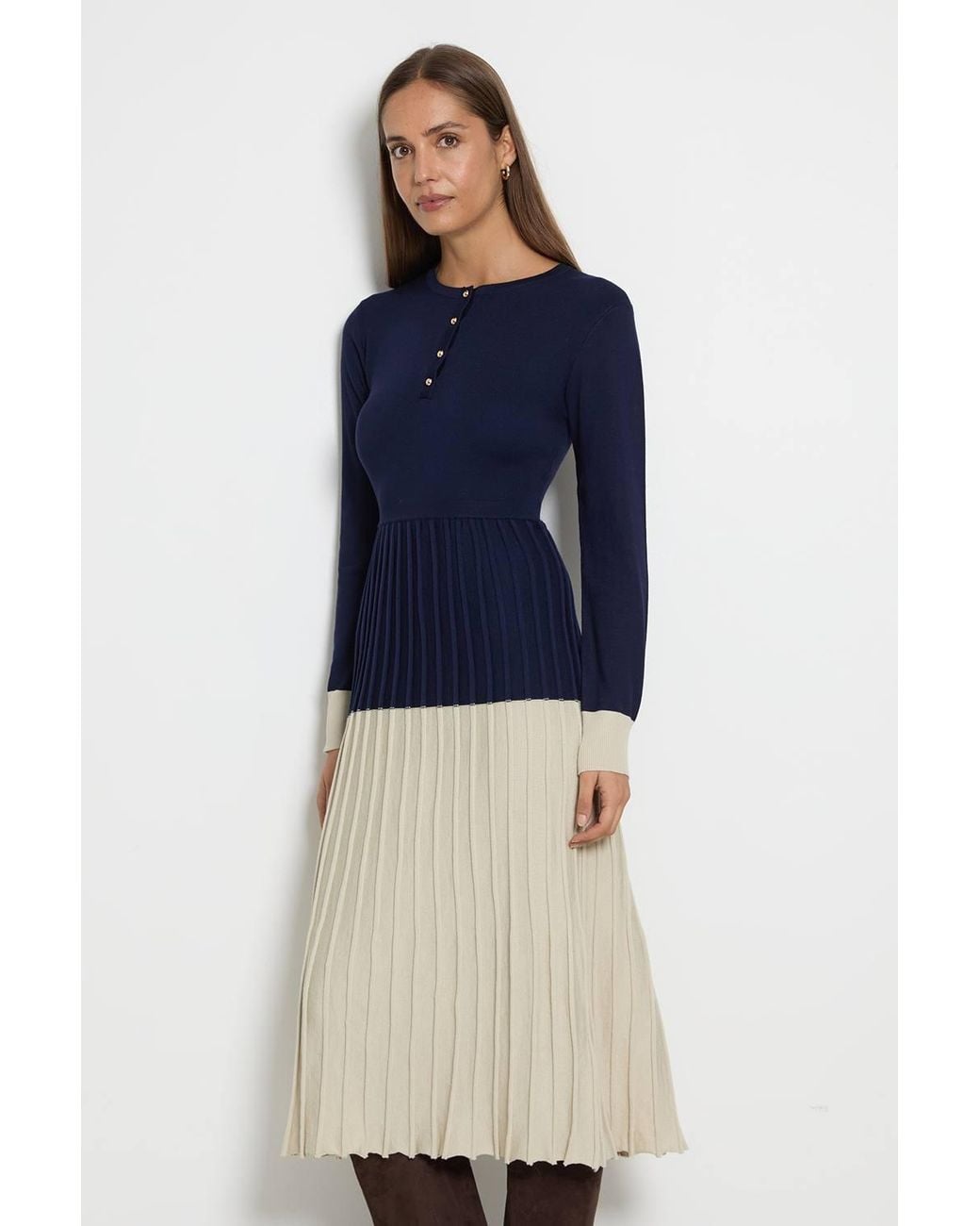 Wallis Blue Colourblock Pleated Knitted Midi Dress