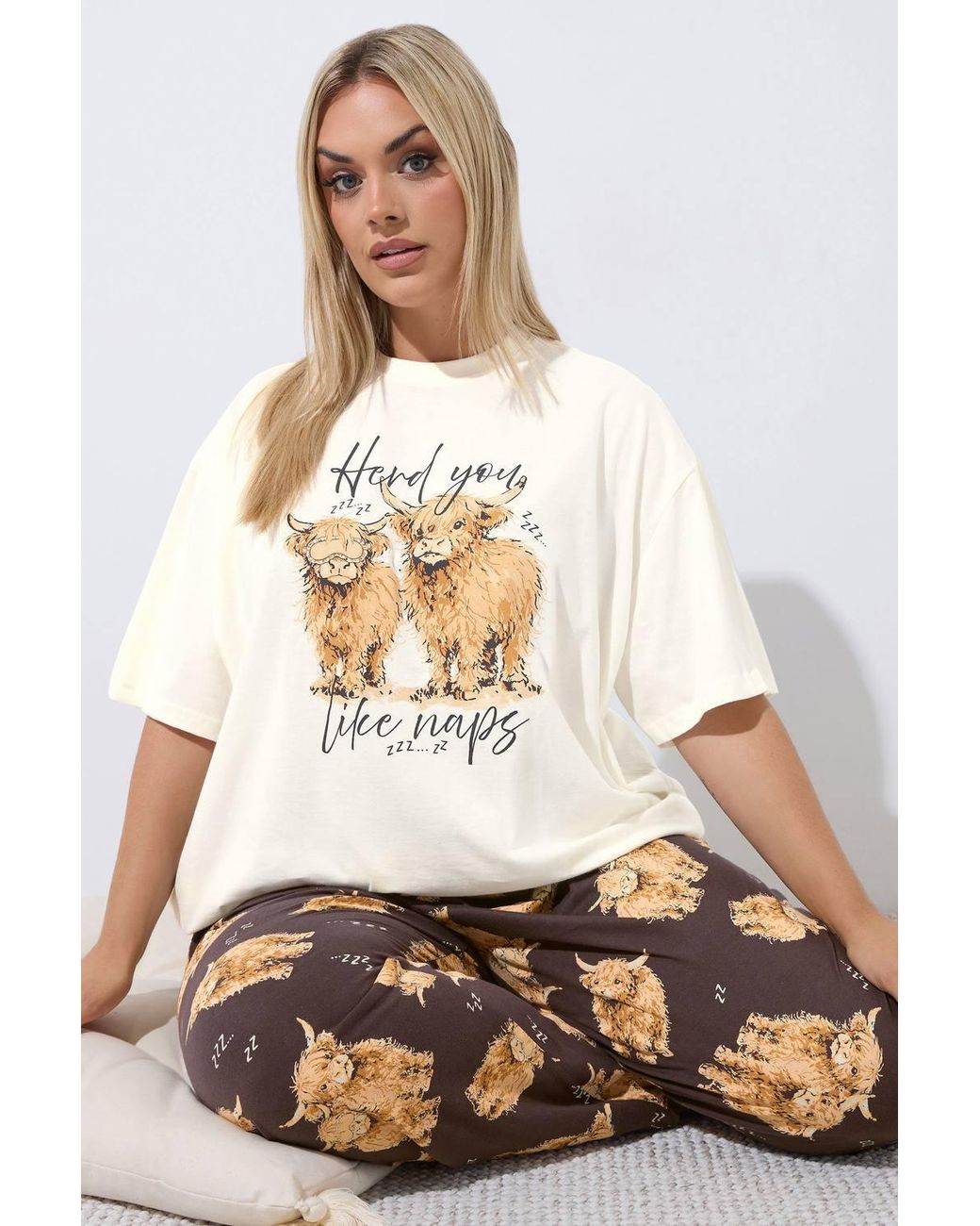 Yours Brown 'Herd You Like Naps' Highland Cow Pyjama Set