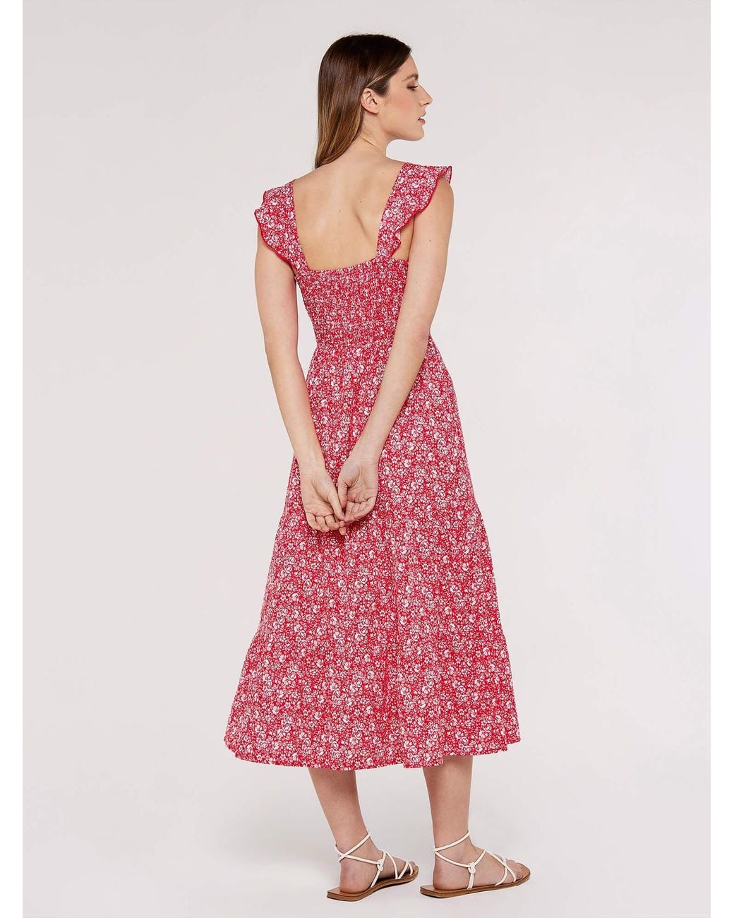 Apricot Pink Ditsy Floral Tiered Midi Dress