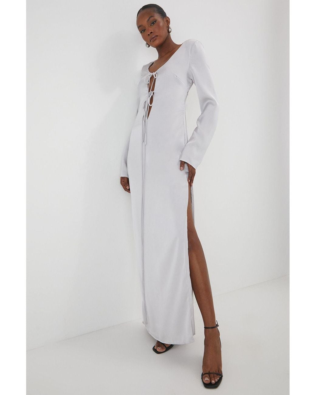 MissPap Metallic Premium Satin Tie Front Long Sleeve Maxi Dress
