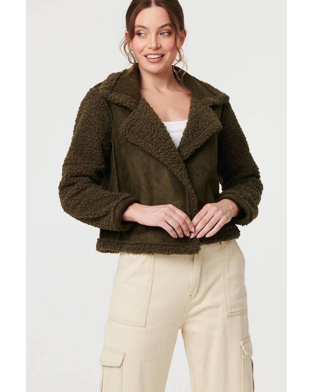 Izabel London Green Faux Suede Teddy Lined Biker Jacket