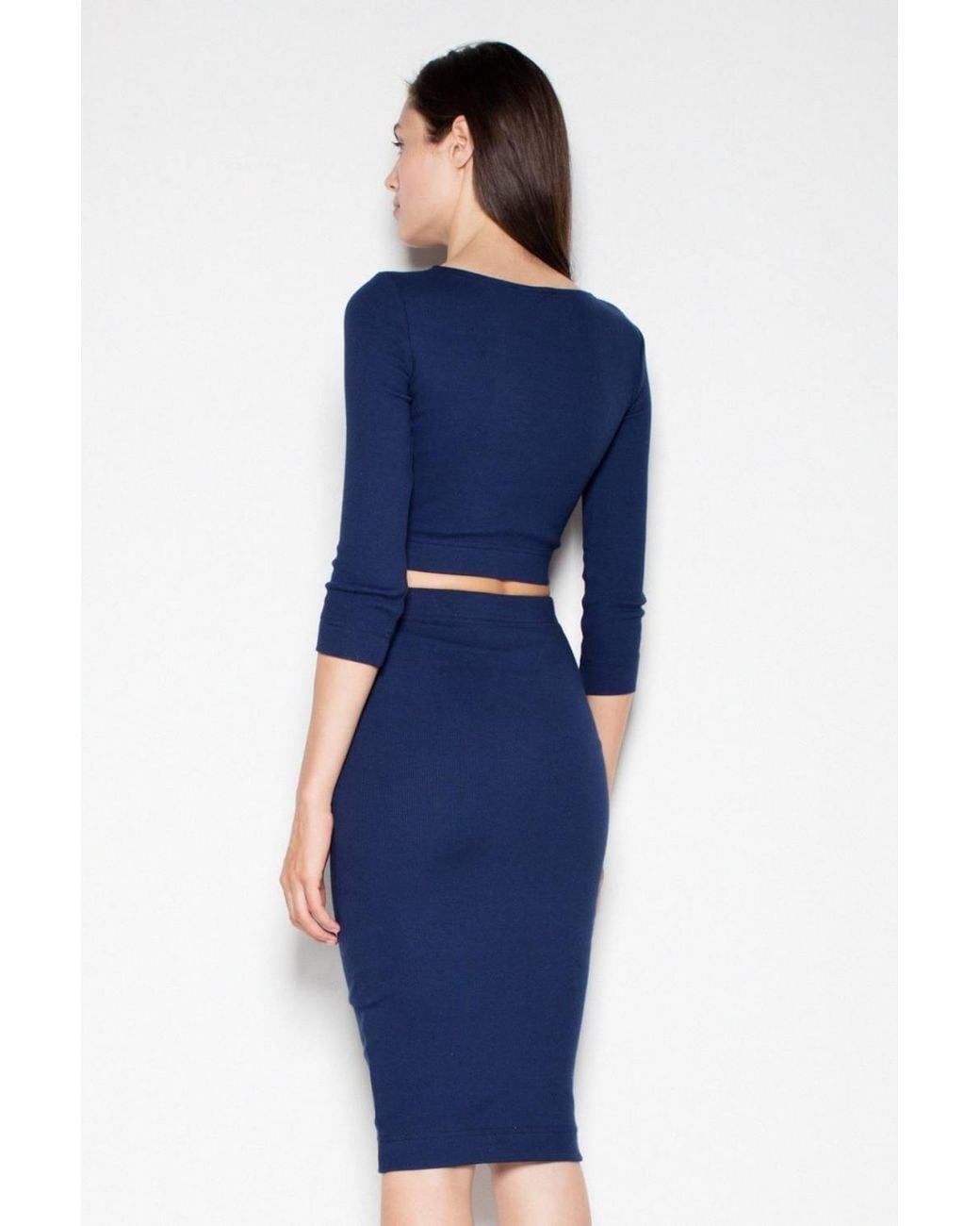 Love Lace Blue Cotton Long Sleeve Crop Top Pencil Skirt