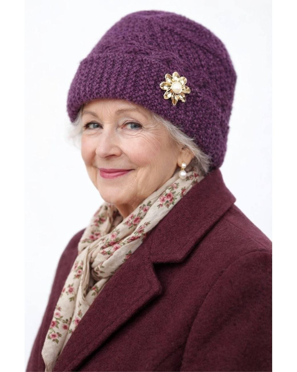 Lovii Brown Floral Brooch Knit Beanie