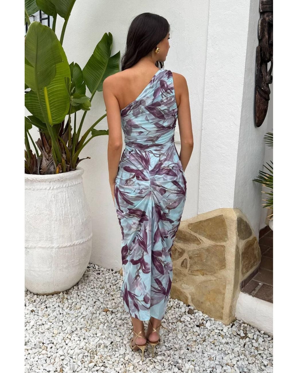 AX Paris Blue Plum Floral Print One Shoulder Knot Skirt Mesh Midi Dress