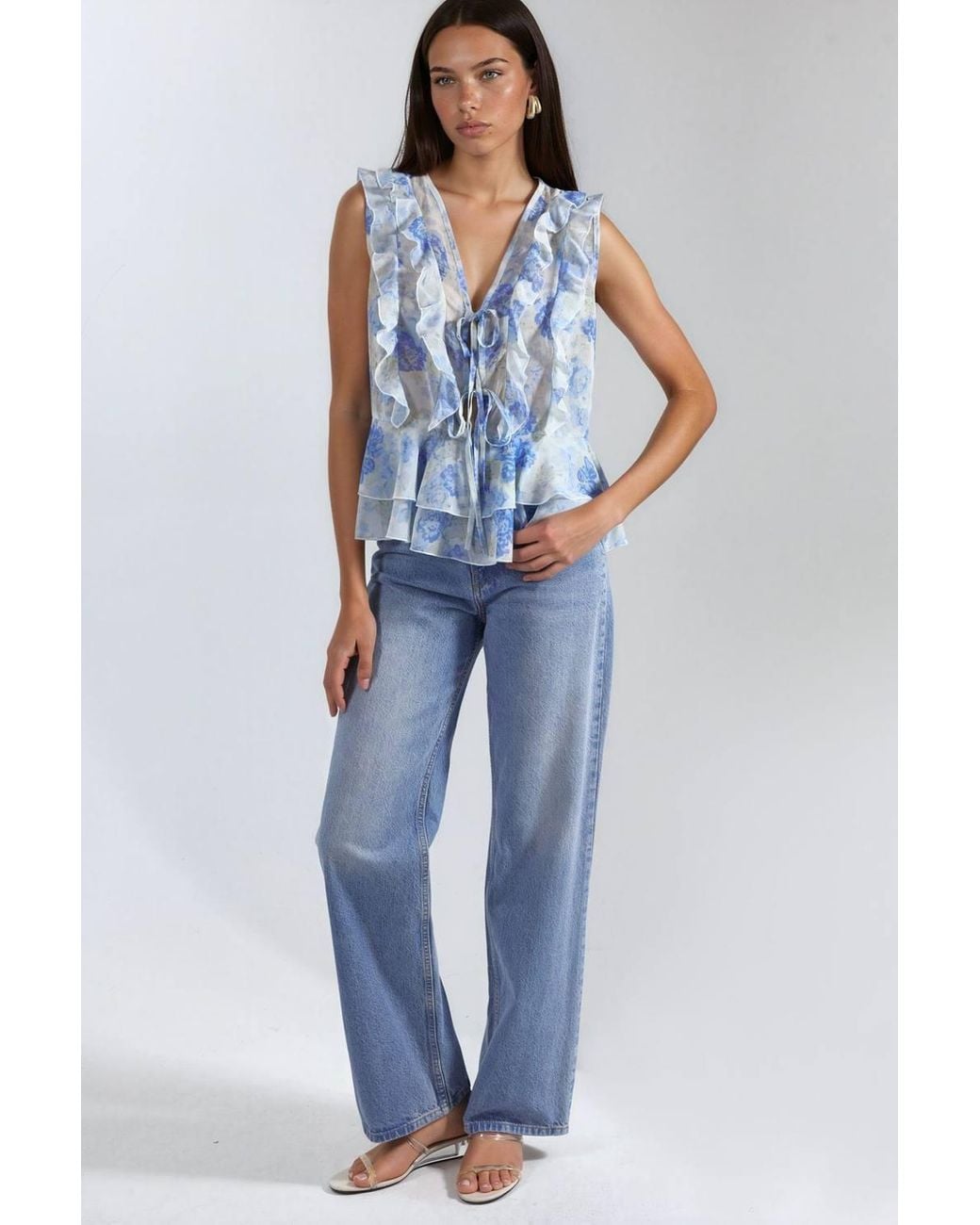 Hiccup Blue Floral V-Neck Chiffon Blouse With Tie Closure