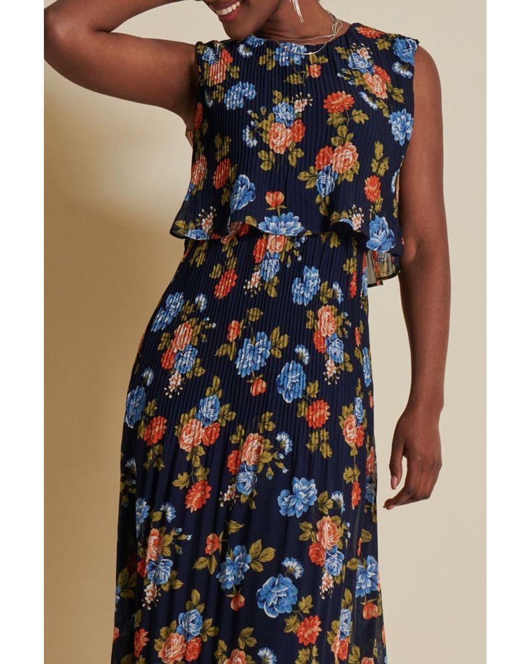 Jolie Moi Blue Chiffon Pleated Overlay Midi Dress