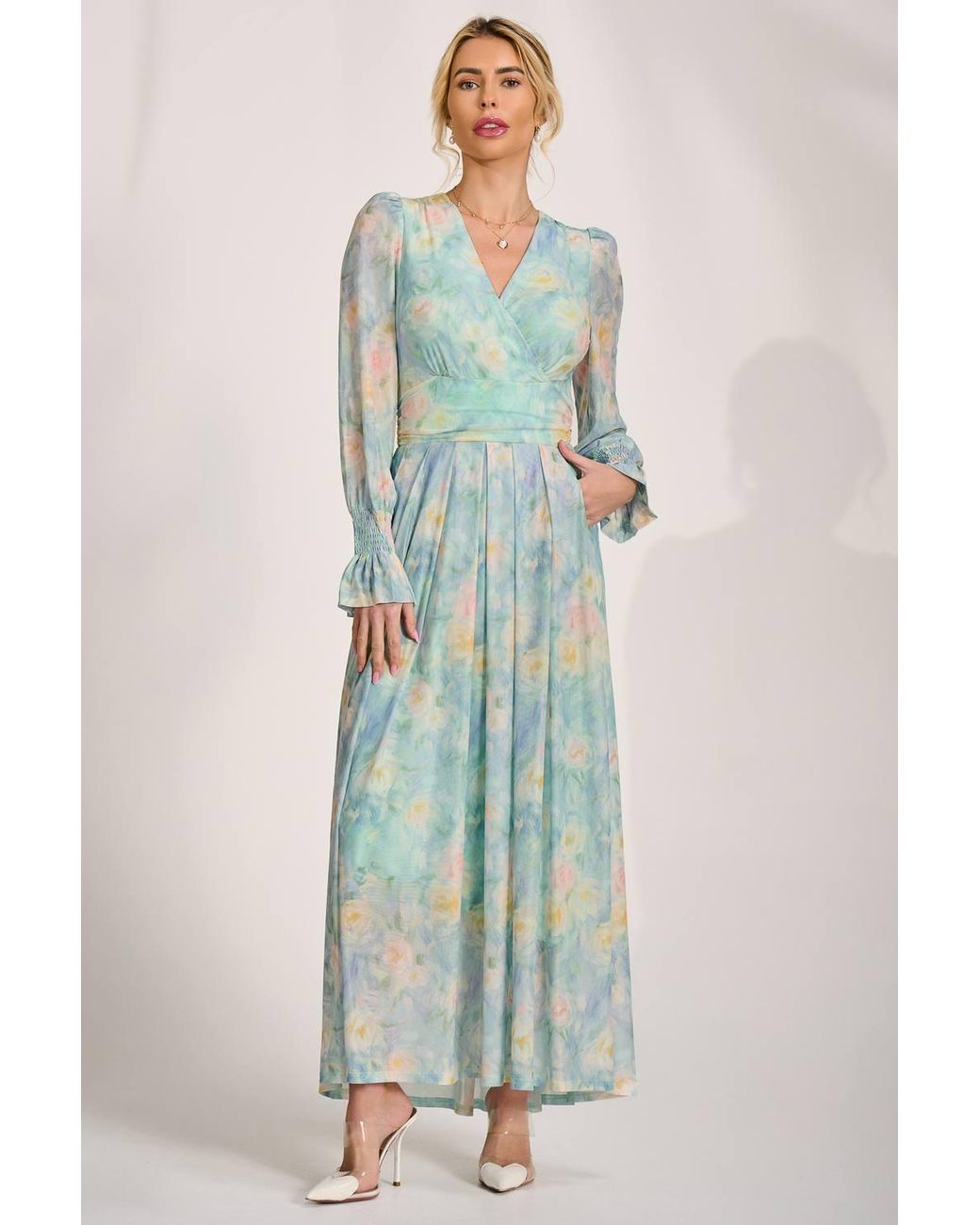 Jolie Moi Blue Long Sleeve V Neck Mesh Maxi Dress