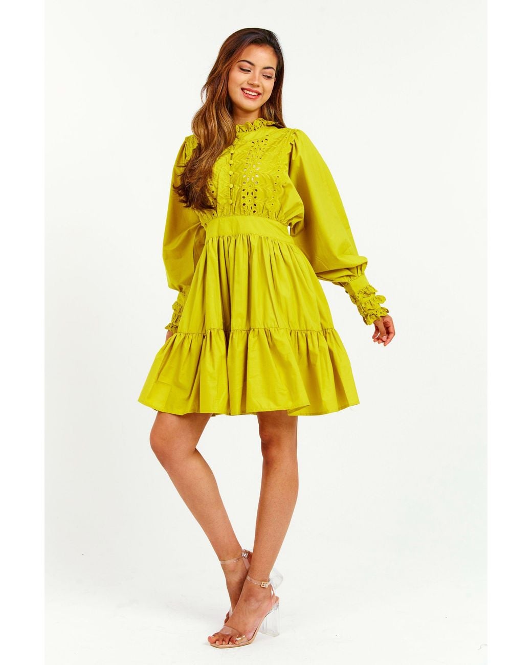 LuvForever Fashion Yellow Embroidered Ruffle Mini Dress