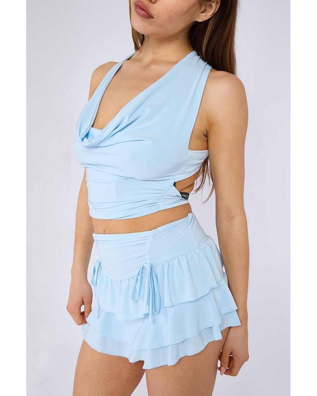 Stylewise Blue Tie Front Frill Detail Slinky Shorts