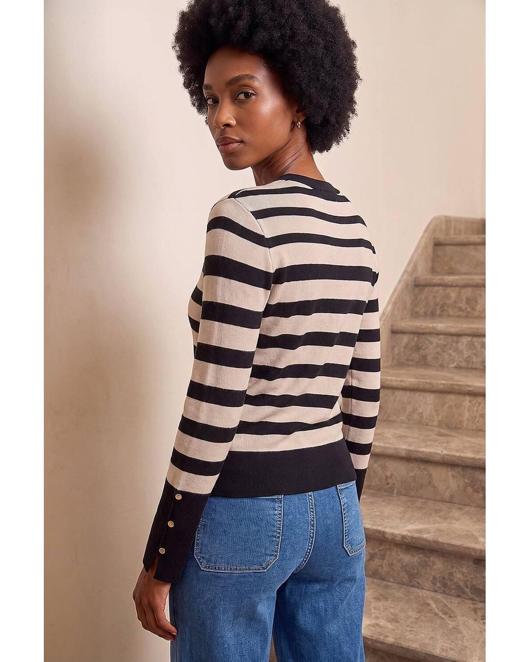 Roman White Stripe Button Detail Knit Jumper