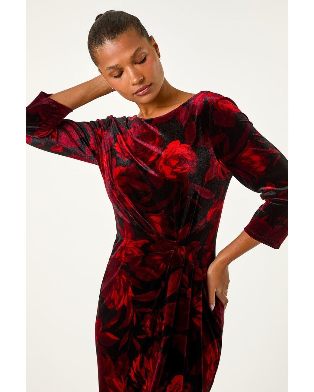 Roman Red Velvet Rose Print Side Twist Shift Dress