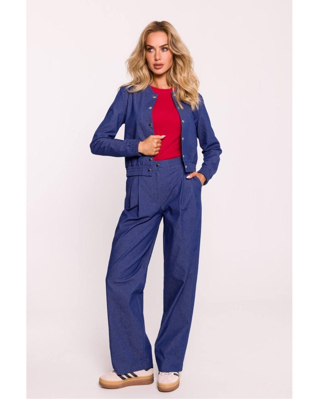 Love Lace Blue Cotton Snap Front Bomber Jacket With Rib Cuff