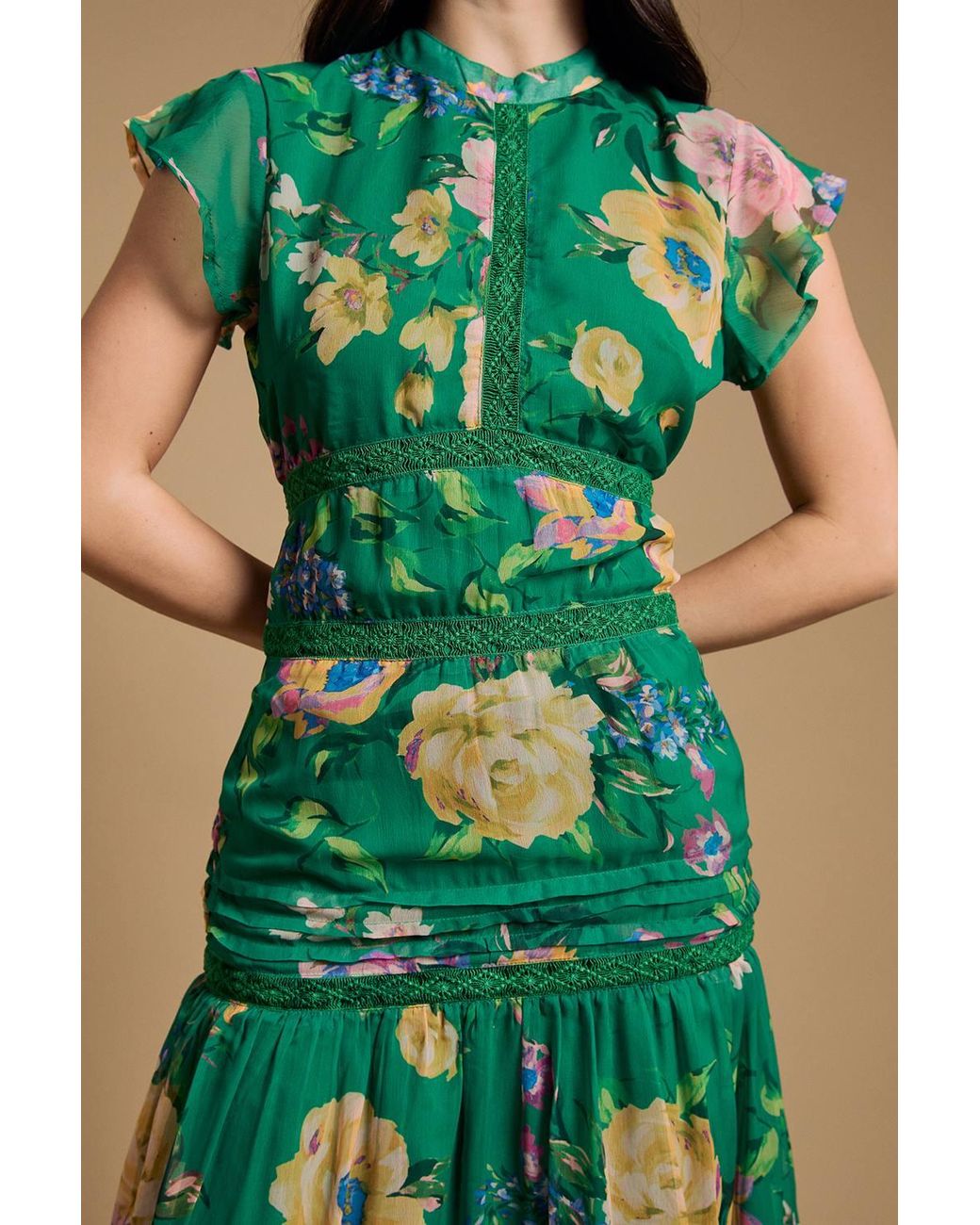 Oasis Green Floral Printed Chiffon Lace Insert Dress
