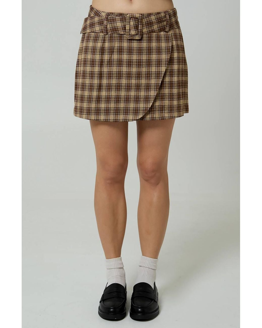 Neon Rose Brown Plaid Check A-Line Wrap Front Mini Skirt