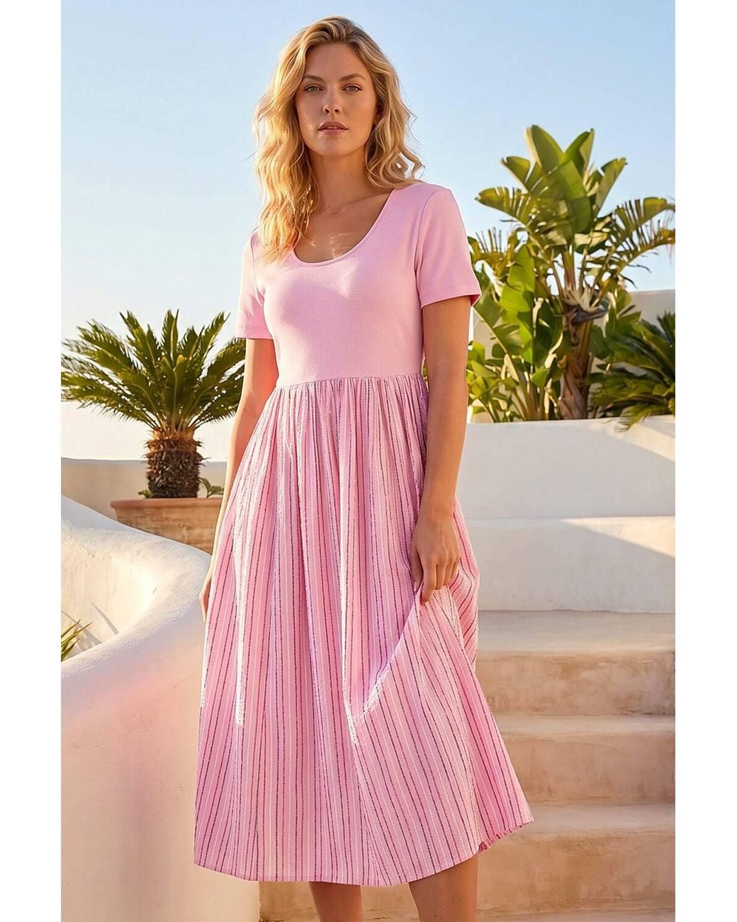 Roman Pink Textured Stripe Midi Dress