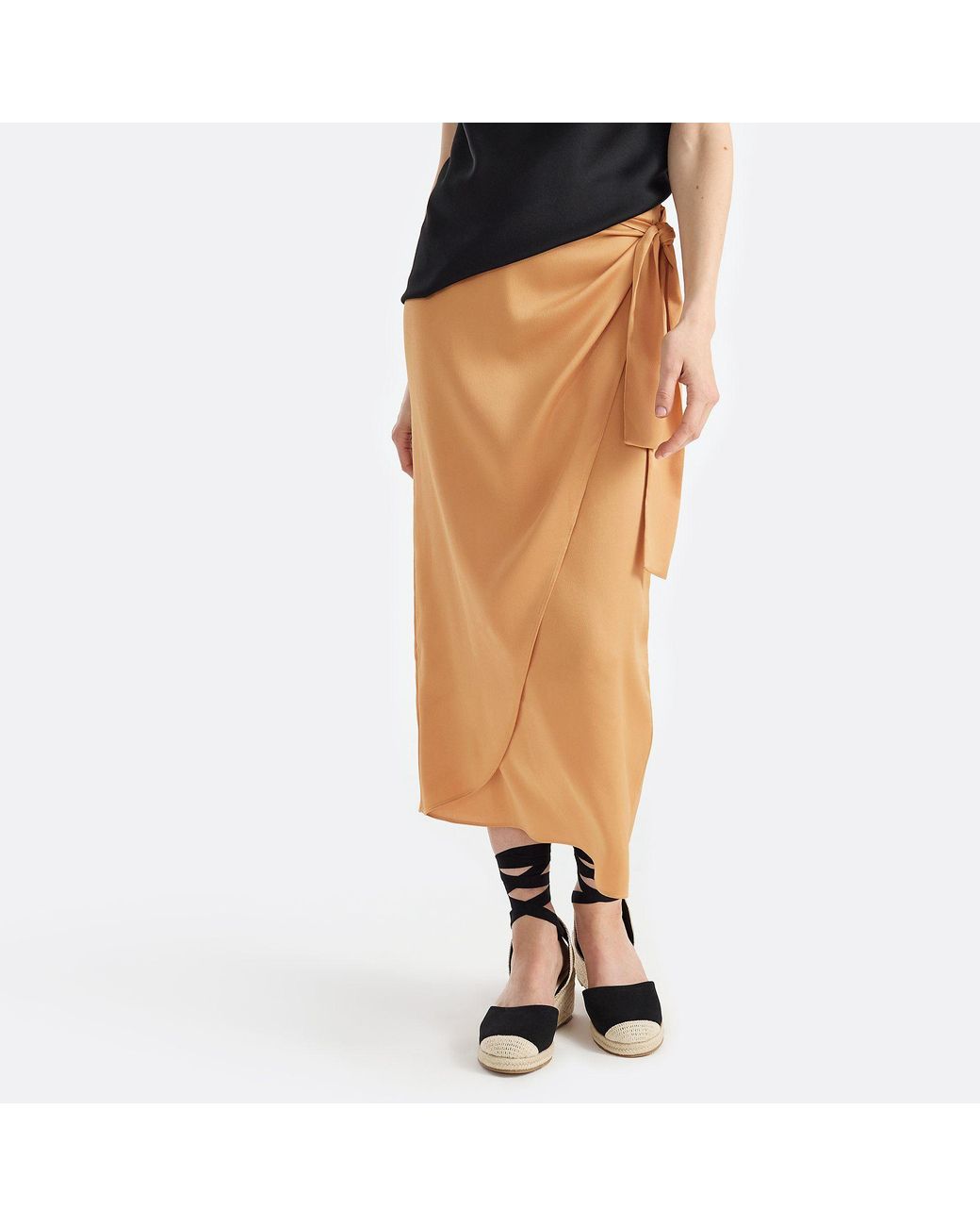 Lands' End Black Petite Satin Wrap Midi Skirt