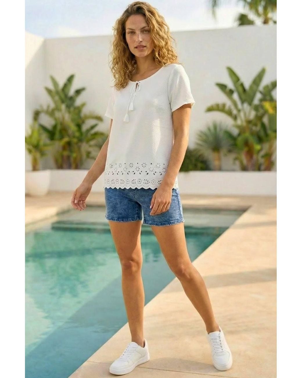 Roman White Cut Out Hem Tie Front Top