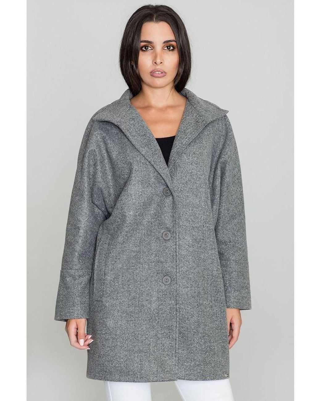 Love Lace Gray Viscose Relaxed Collared Coat With Pockets & Buttons