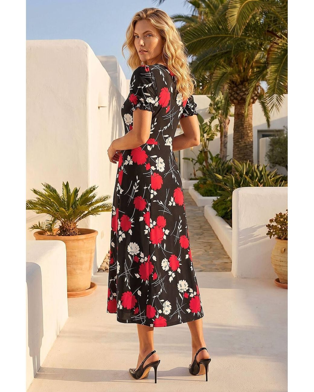 Roman Black Floral Print Ruched Midi Dress