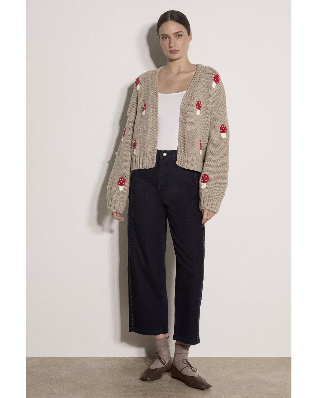 Apricot Natural Mushroom Appliqué Chunky Knit Cardigan
