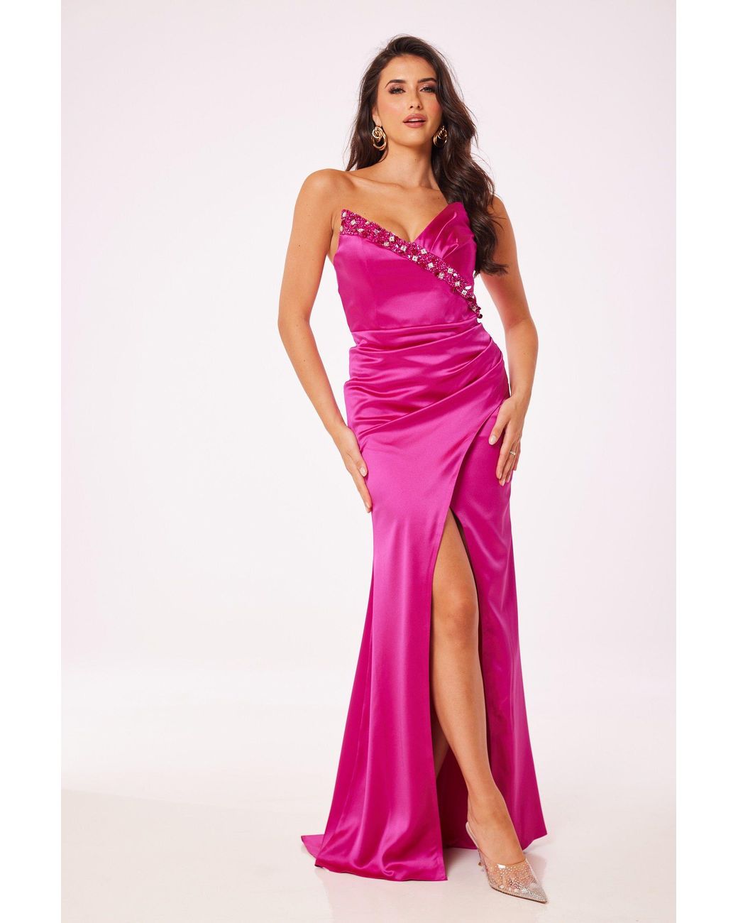 LuvForever Fashion Pink Fuschia Strapless Side Slit Maxi Dress
