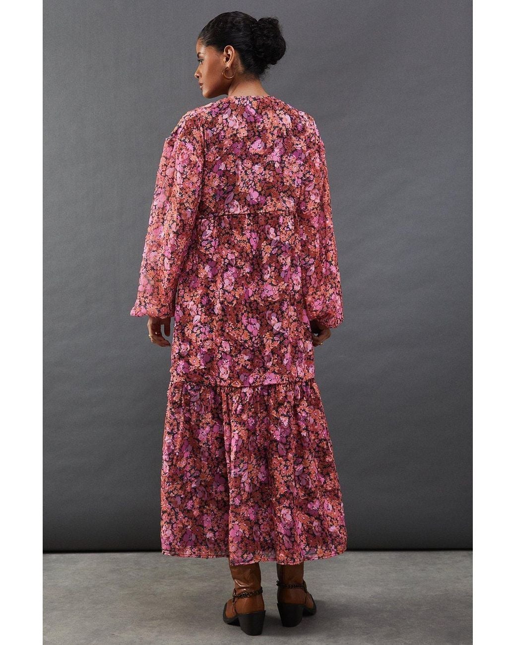 Warehouse Red Floral Burnout Chiffon Wrap Smock Midi Dress