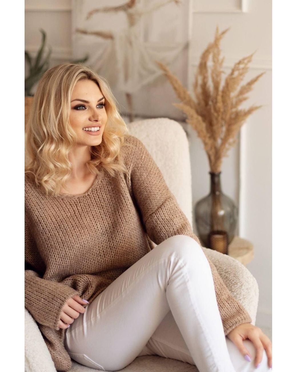 Love Lace Natural Oversized Heart Neck Asymmetric Sweater