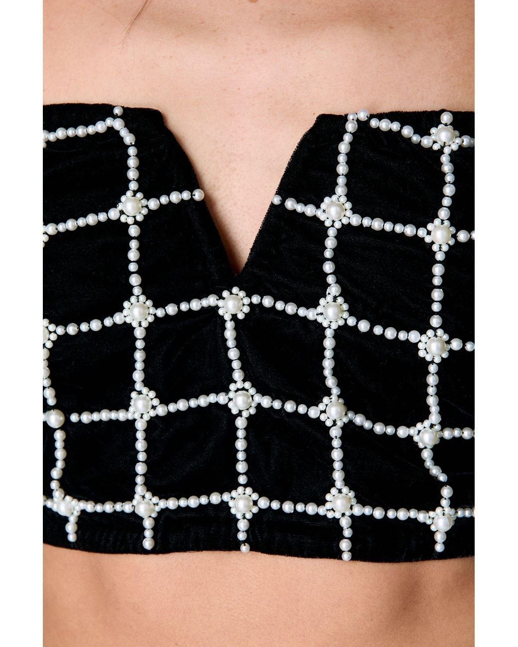 Nasty Gal Black Pearl Embellished Velvet Bardot Top