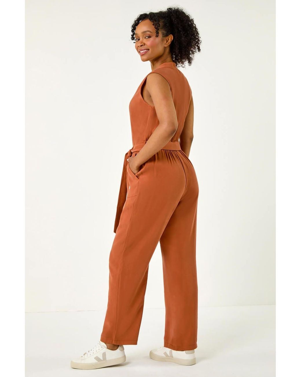 Roman Orange Petite Button Detail Pocket Jumpsuit