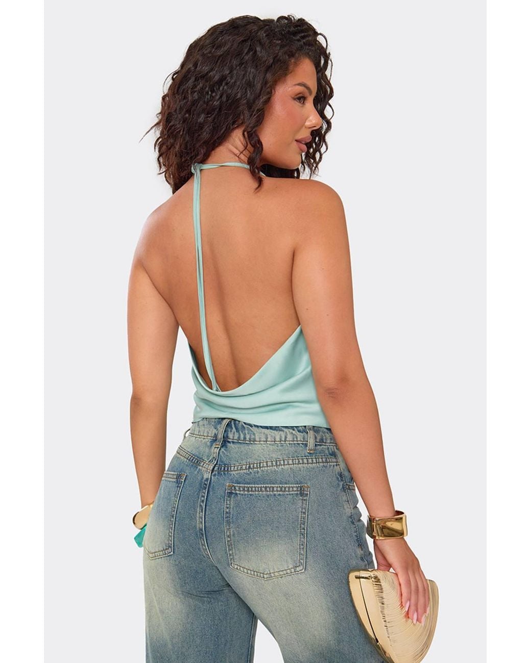 EGO White Sleeveless Halter Neck Satin Top
