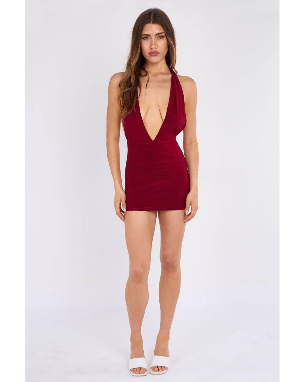 Stylewise Red Open Back Halter Ruched Bodycon Mini Dress