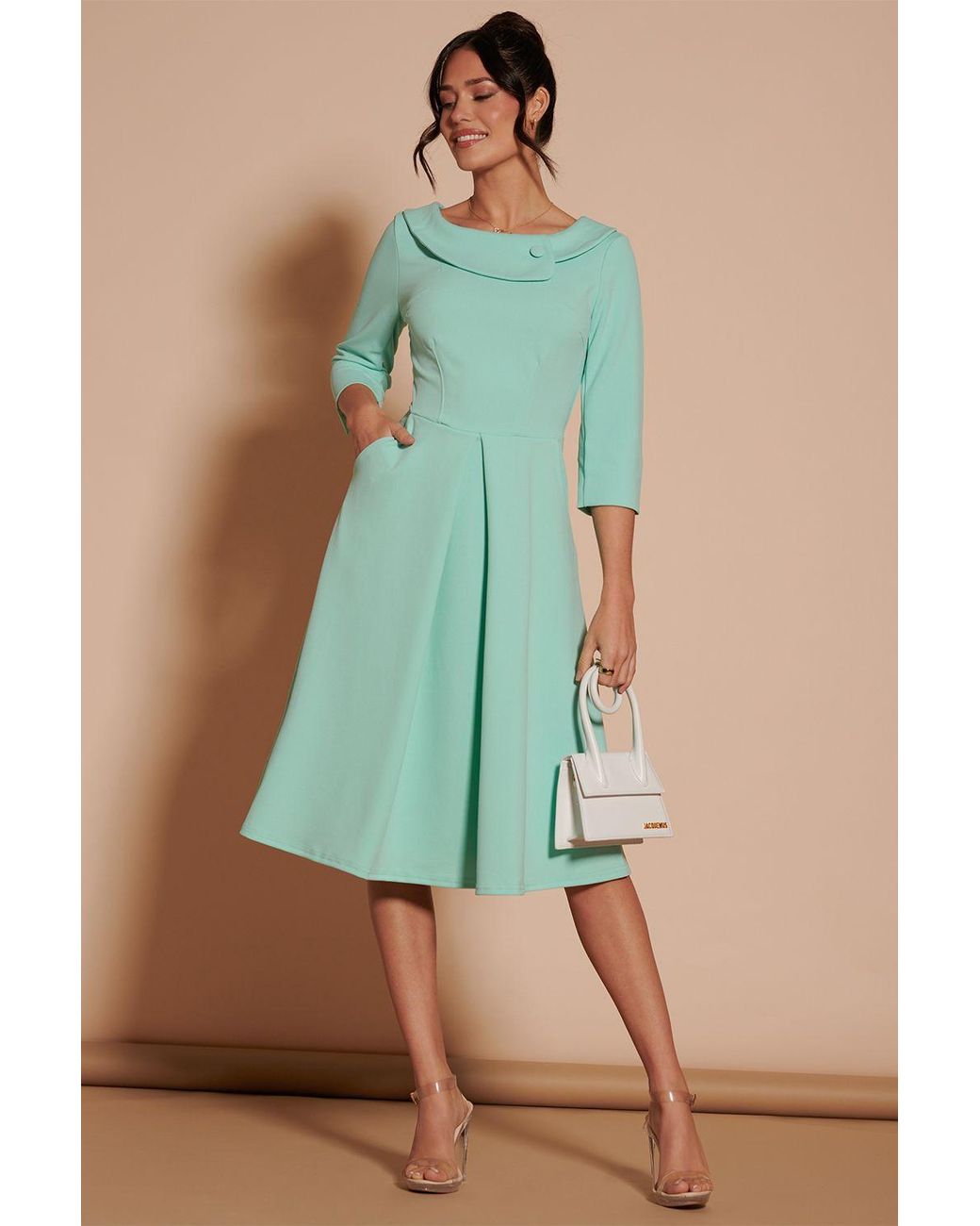 Jolie Moi Green 3/4 Sleeve Fold Neck Midi Dress