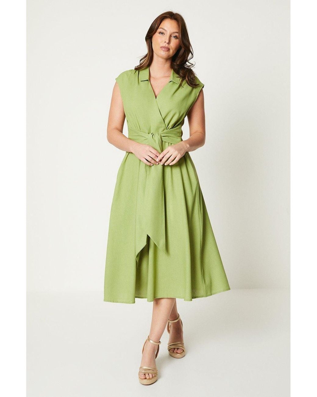 Wallis Green Linen Blend Belted Midi Dress