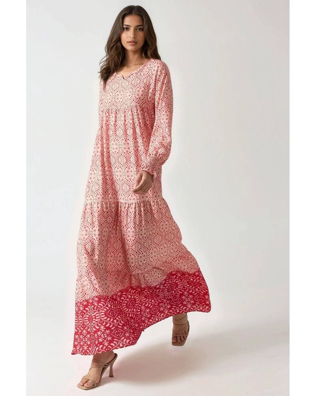 Hiccup Red Printed Viscose Maxi Dress With Crew Neck