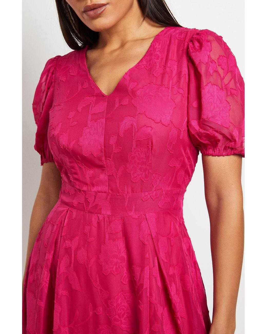 PRINCIPLES Pink Floral Jacquard Puff Sleeve Midi Dress
