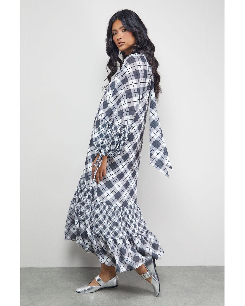 Warehouse Blue Tony Chiffon High Neck Tier Smock Midi Dress