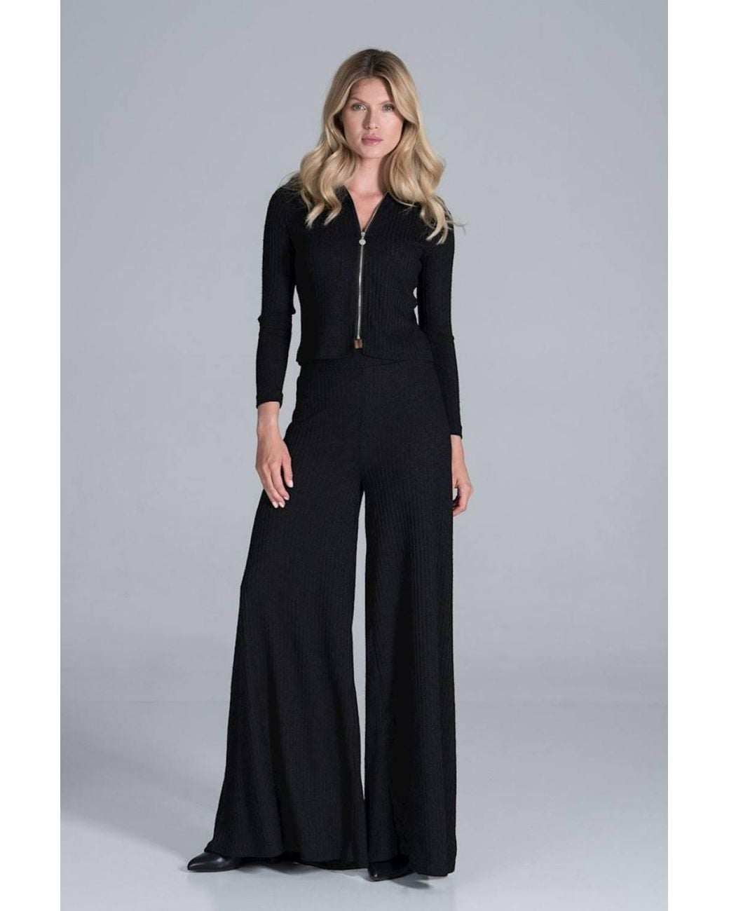 Love Lace Black Collared Zip Front Ribbed Knit Short Blouse