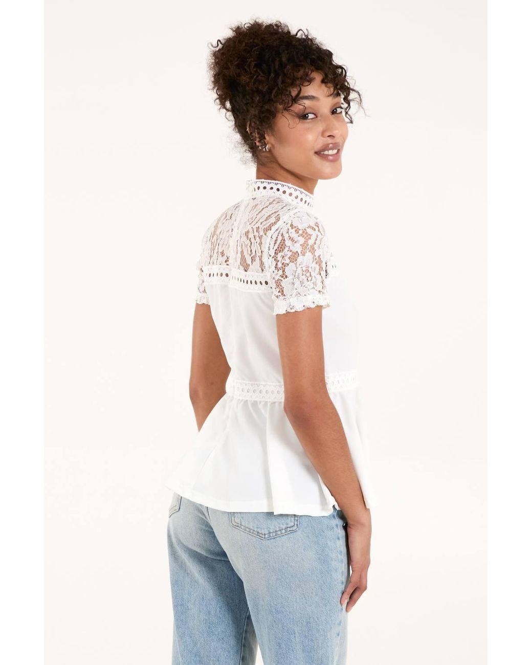 Blue Vanilla White Lace Trimmed Peplum Top