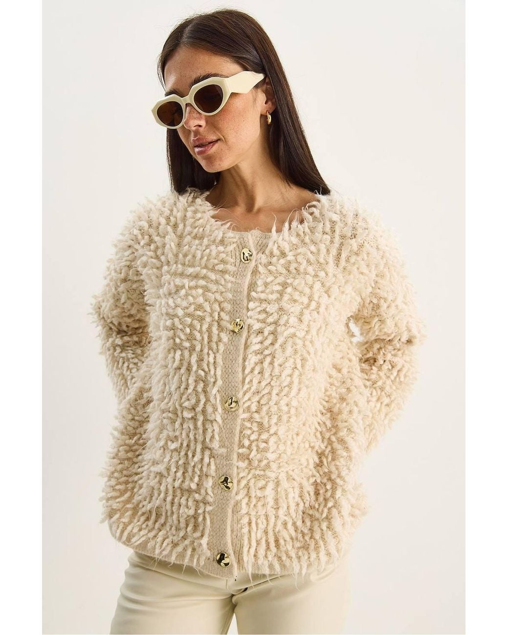 Bianco Lucci Natural Textured Button-Up Cardigan