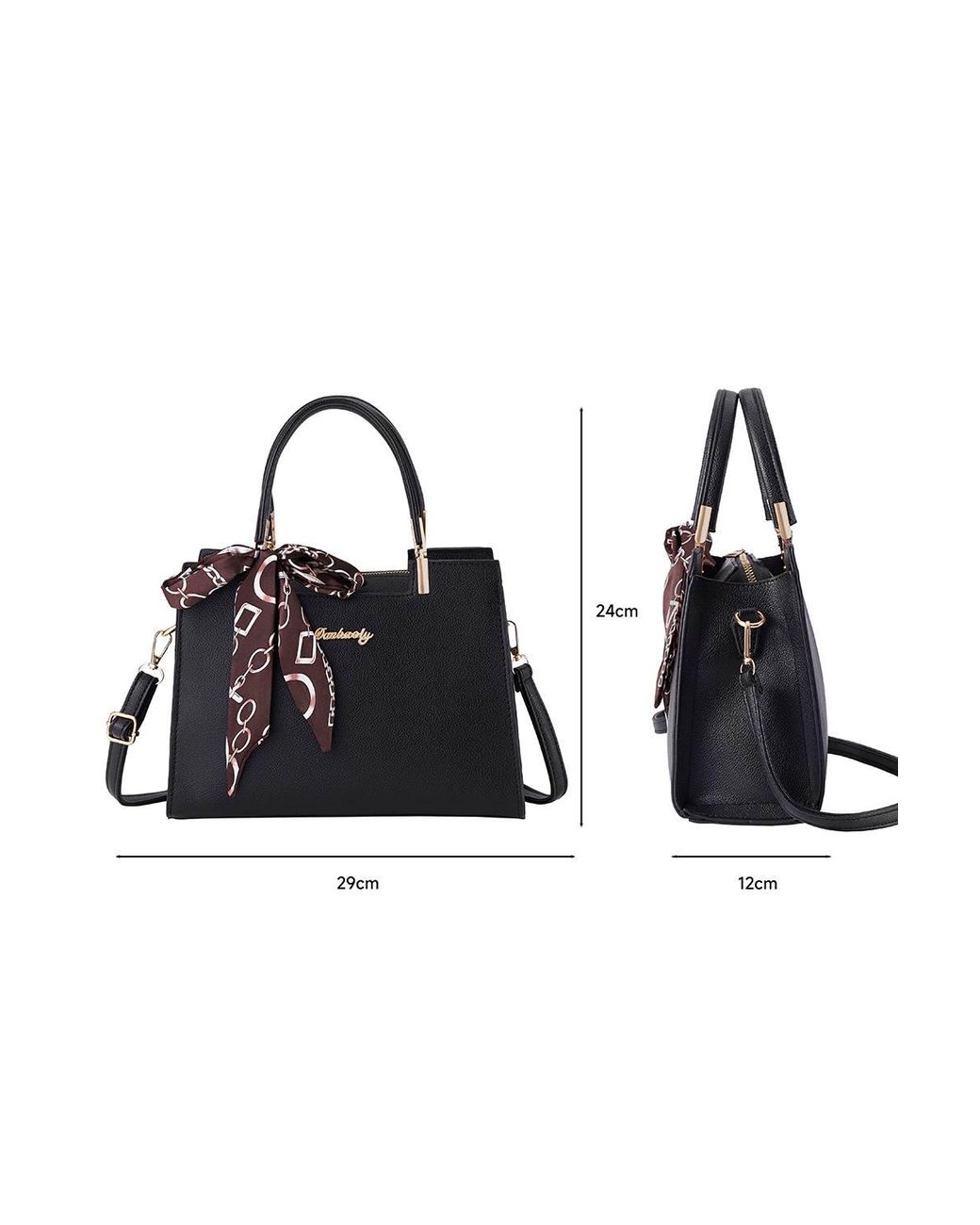 MODISHION Black Classic Tote Bag With Removable Scarf Decor
