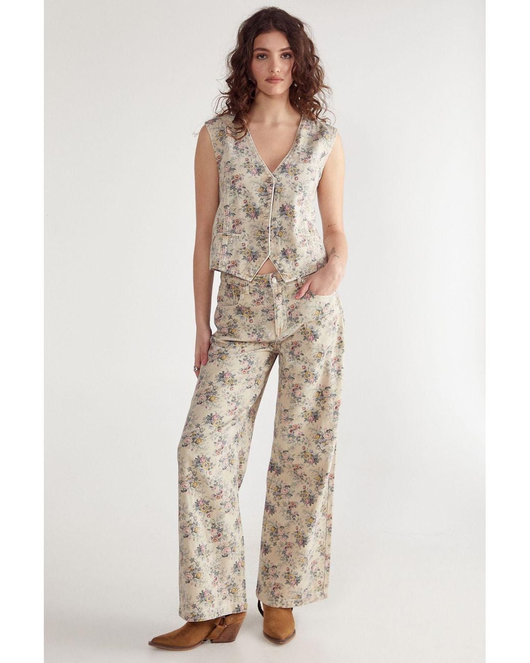 Nasty Gal Natural Floral Printed Denim Waistcoat