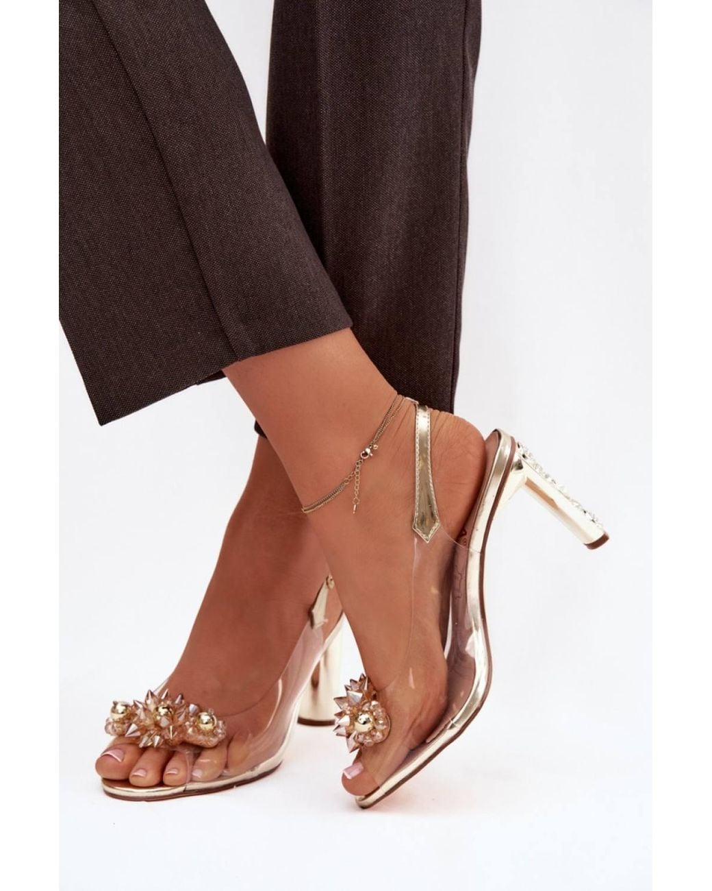 Love Lace Brown Evening Comfortable Heeled Sandals With Embellishment