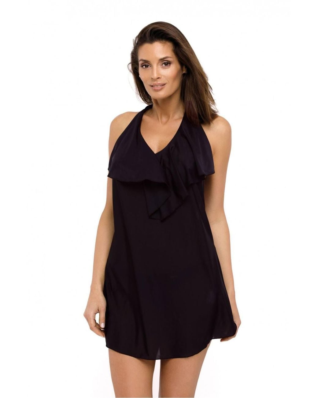 KDMD Black Cuban Style Beach Tunic With Frilled Neckline