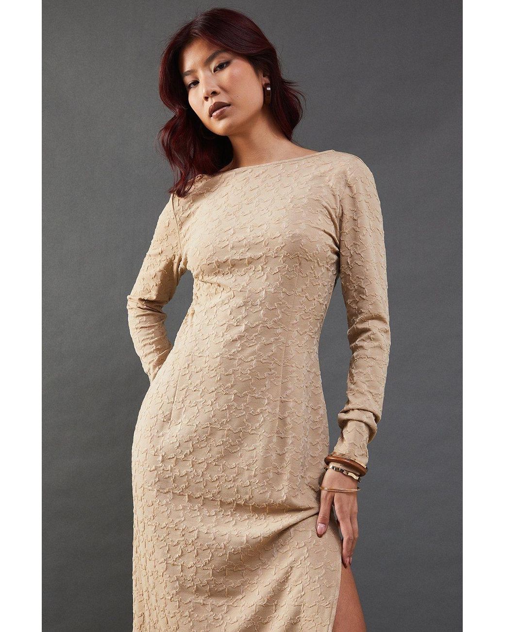 Warehouse Gray Jersey Jacquard Slash Neck Scoop Back Midi Dress