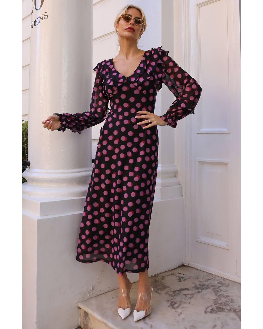 Jolie Moi Blue Ruffle V Neck Long Sleeve Mesh Maxi Dress